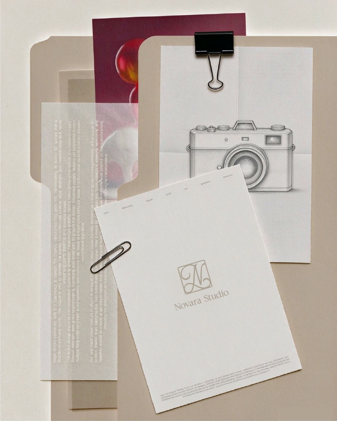 Novara Studio branded stationery, a camera sketch and folders laid out on a desk